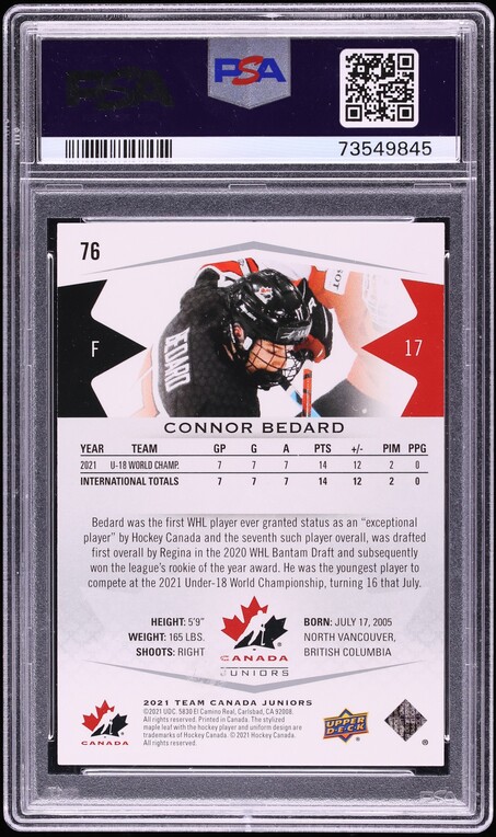 2021 Upper Deck Team Canada Juniors Connor Bedard #76 PSA 10 GEM MINT