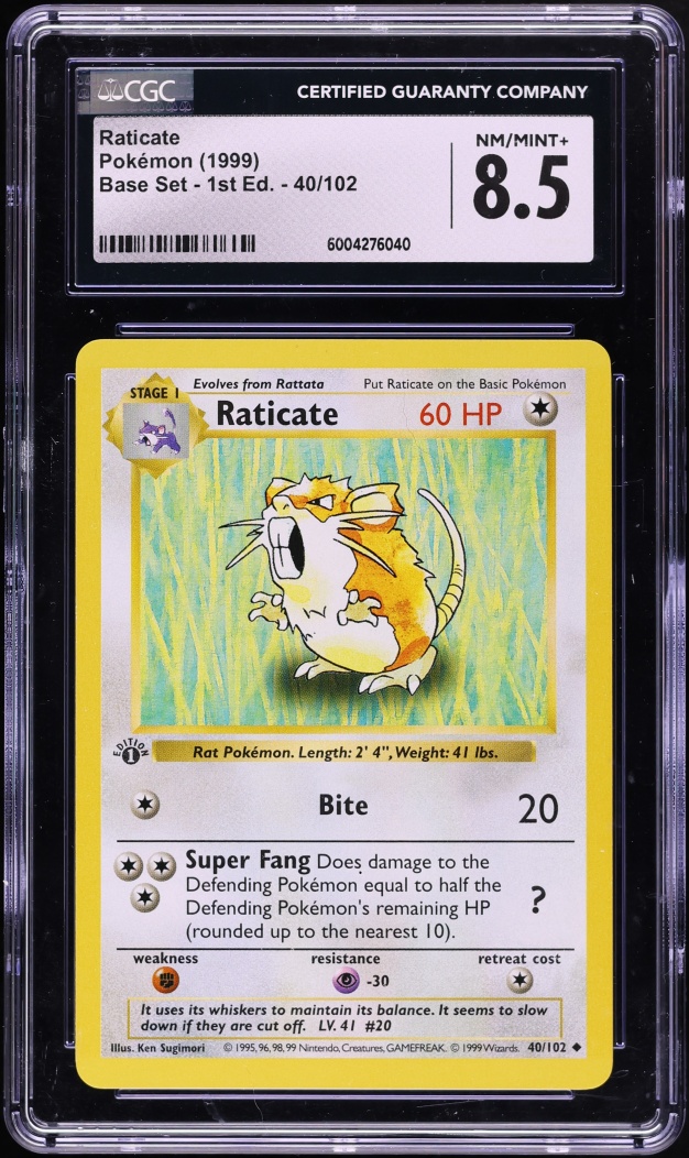 1999 Pokemon Base Set Shadowless 1st Edition Raticate #40 CGC 8.5 NM-MT+