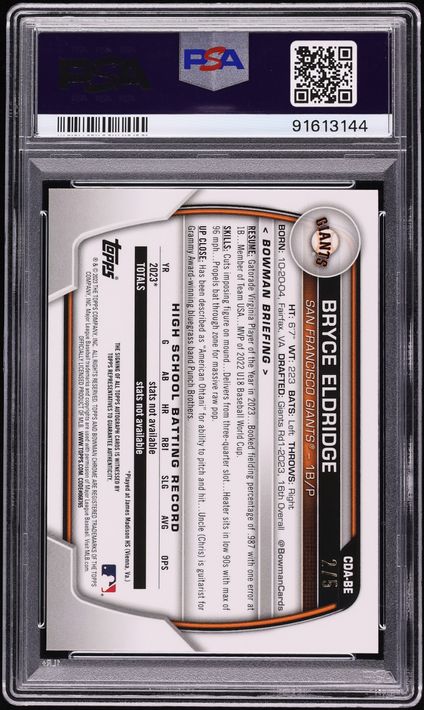 2023 Bowman Chrome Draft Red Refractor Bryce Eldridge PROSPECT AUTO /5 #CDABE PSA 9 MINT
