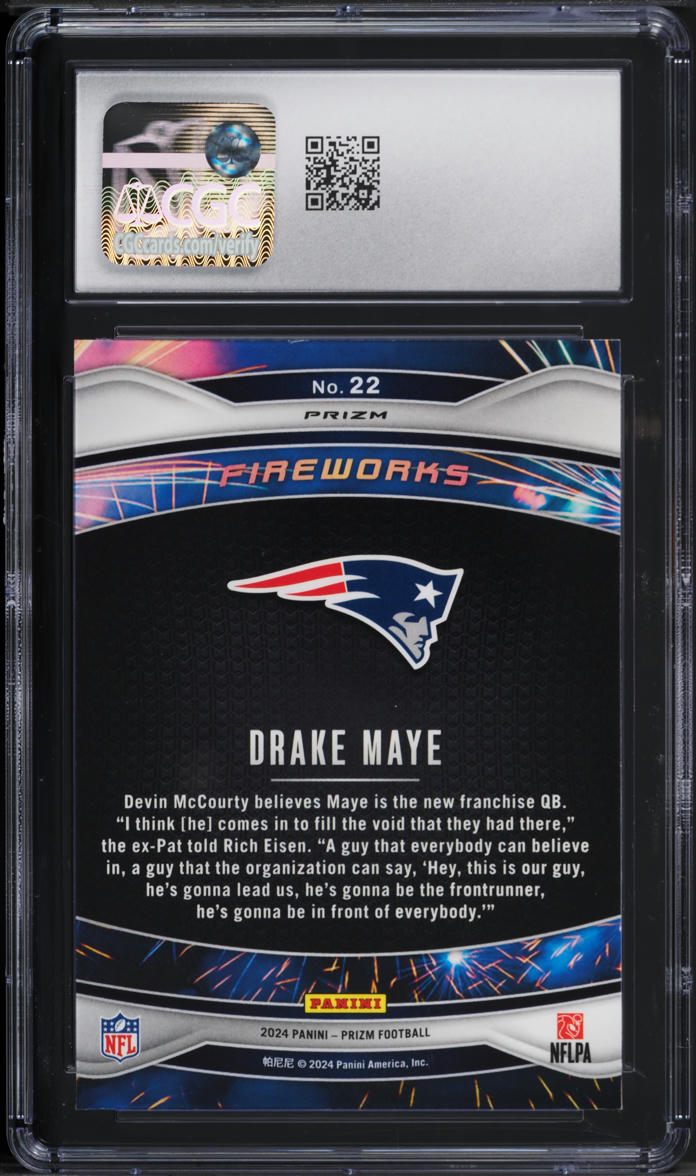 2024 Panini Prizm Fireworks Green Drake Maye ROOKIE #22 CGC 10 GEM MINT