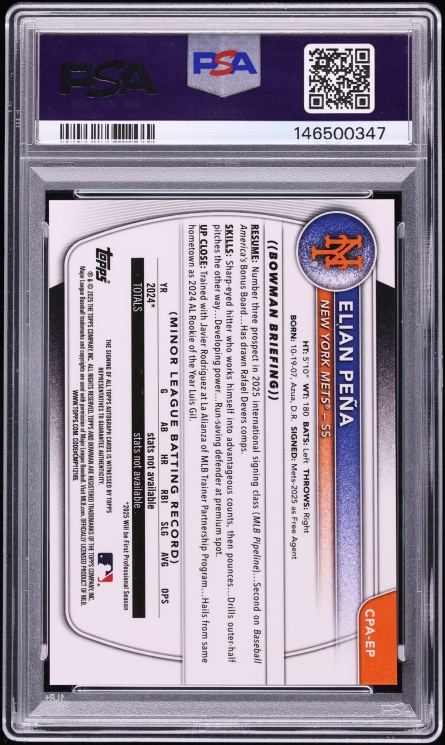 2025 Bowman Chrome Blue Refractor Elian Pena PROSPECT AUTO DNA 10 /150 #CPA-EP PSA 9 MINT