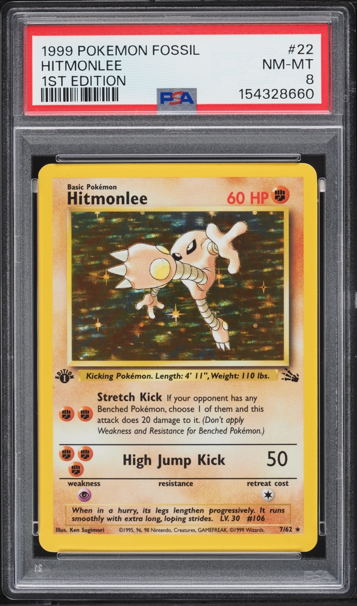 1999 Pokemon Fossil 1st Edition Hitmonlee #22 PSA 8 NM-MT