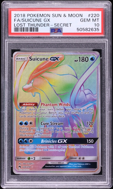 2018 Pokemon Sun & Moon Lost Thunder Rainbow Rare Suicune GX #220 PSA 10 GEM MINT