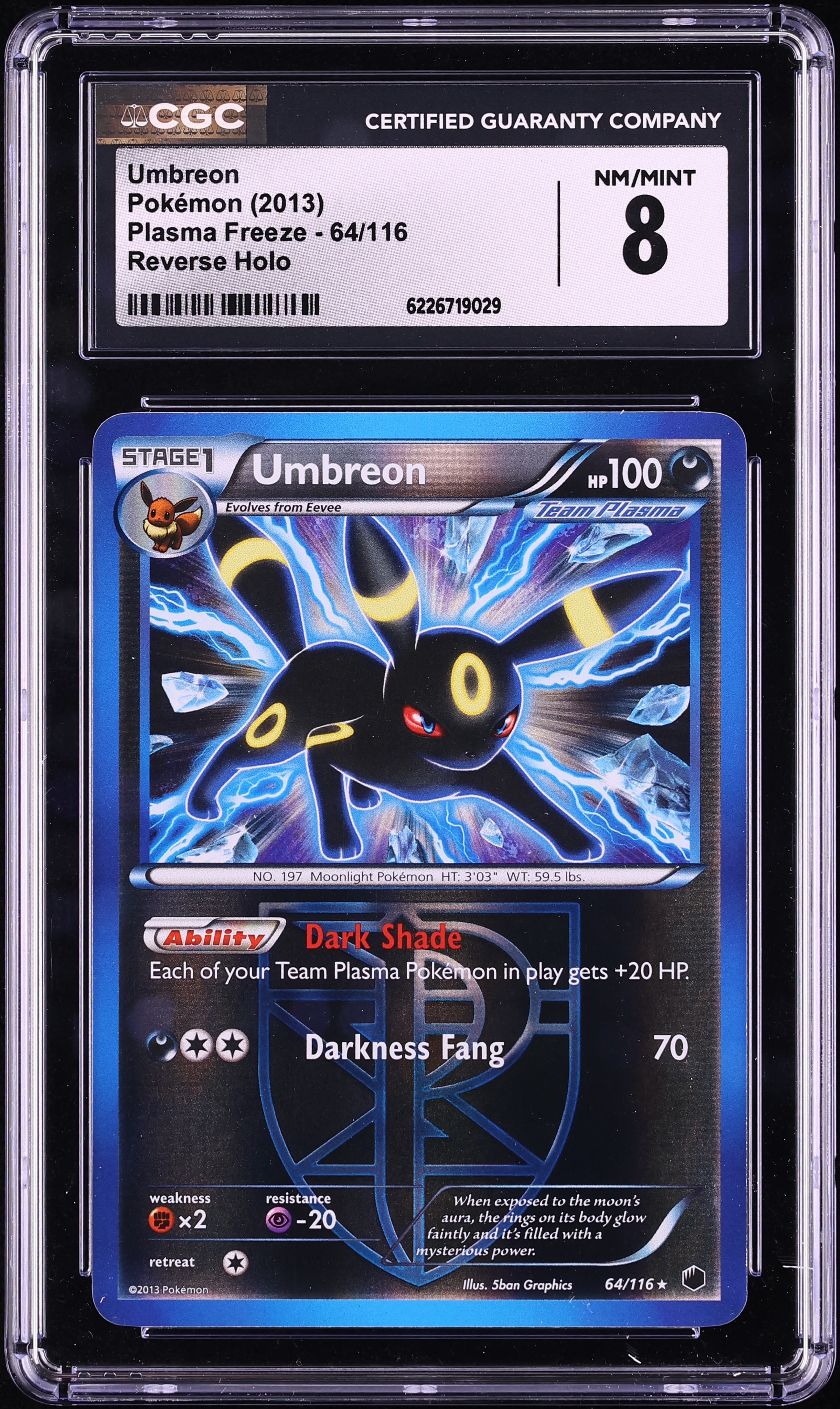 2013 Pokemon Black & White Plasma Freeze Reverse Holo Umbreon #64 CGC 8 NM-MT