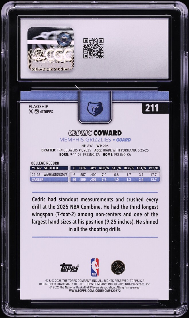 2025 Topps Basketball Cedric Coward ROOKIE #211 CGC 10 GEM MINT