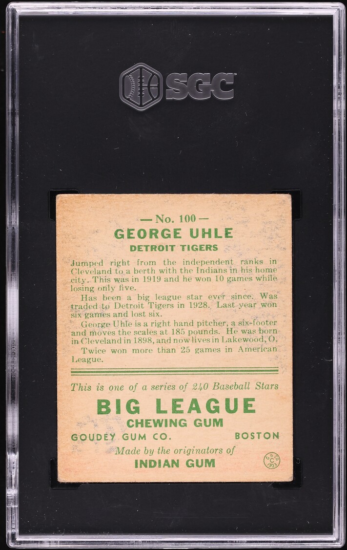 1933 Goudey George Uhle #100 SGC 3 VG