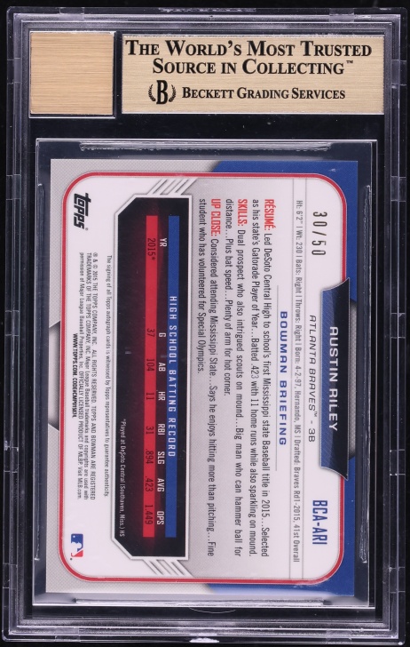 2015 Bowman Chrome Gold Refractor Austin Riley PROSPECT AUTO /50 #BCA-ARI BGS 9.5 GEM MINT