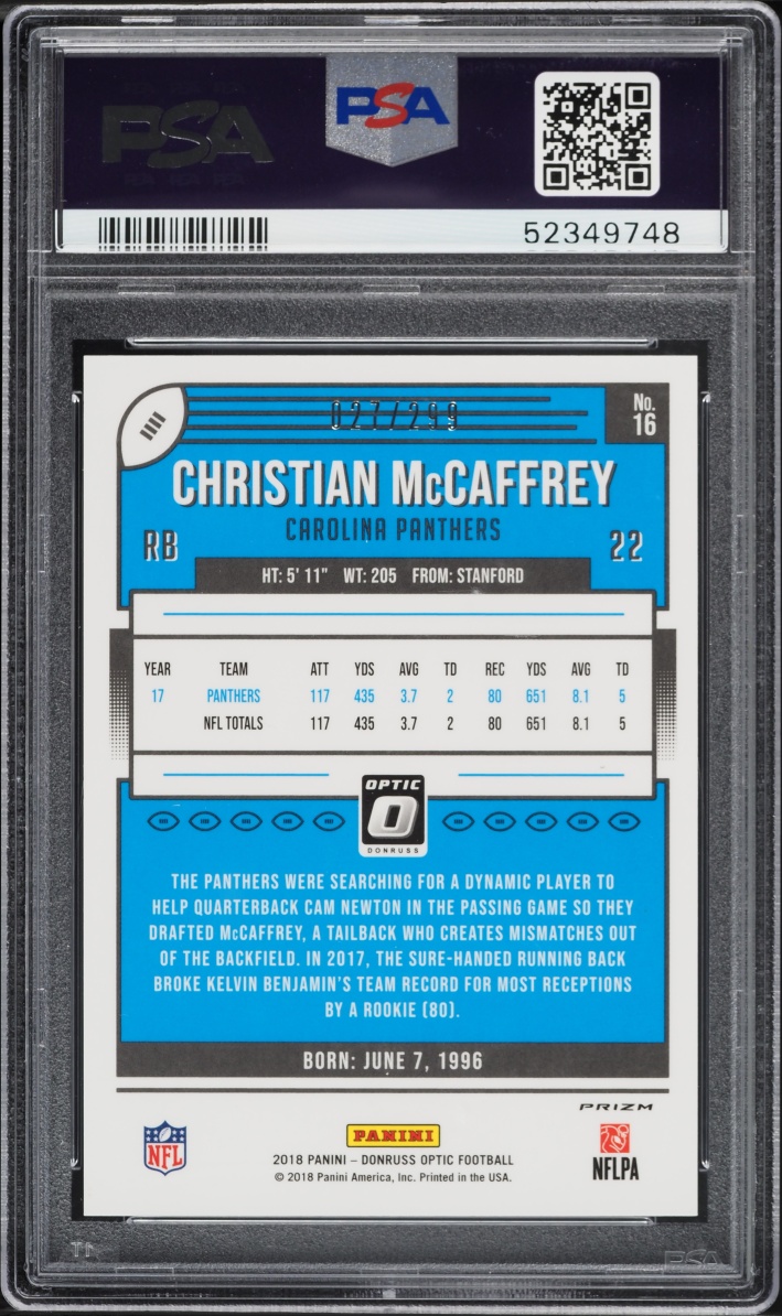 2018 Donruss Optic Aqua Christian McCaffrey /299 #16 PSA 10 GEM MINT