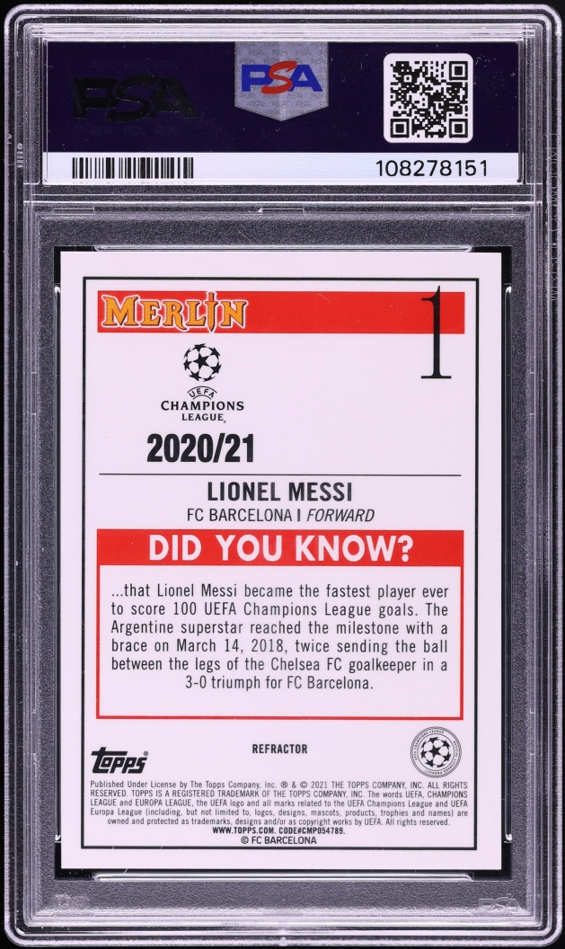 2020 Topps Merlin Chrome UEFA Champions League Refractor Lionel Messi #1 PSA 10 GEM MINT