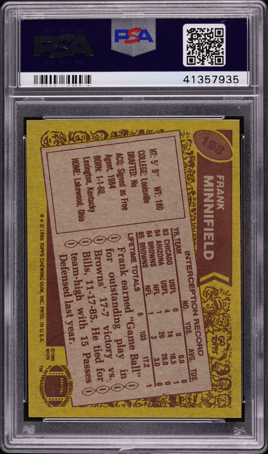 1986 Topps Football Frank Minnifield #198 PSA 7 NRMT
