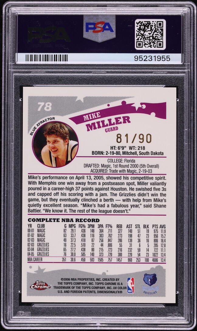 2005 Topps Chrome Blue Xfractor Mike Miller /90 #78 PSA 9 MINT
