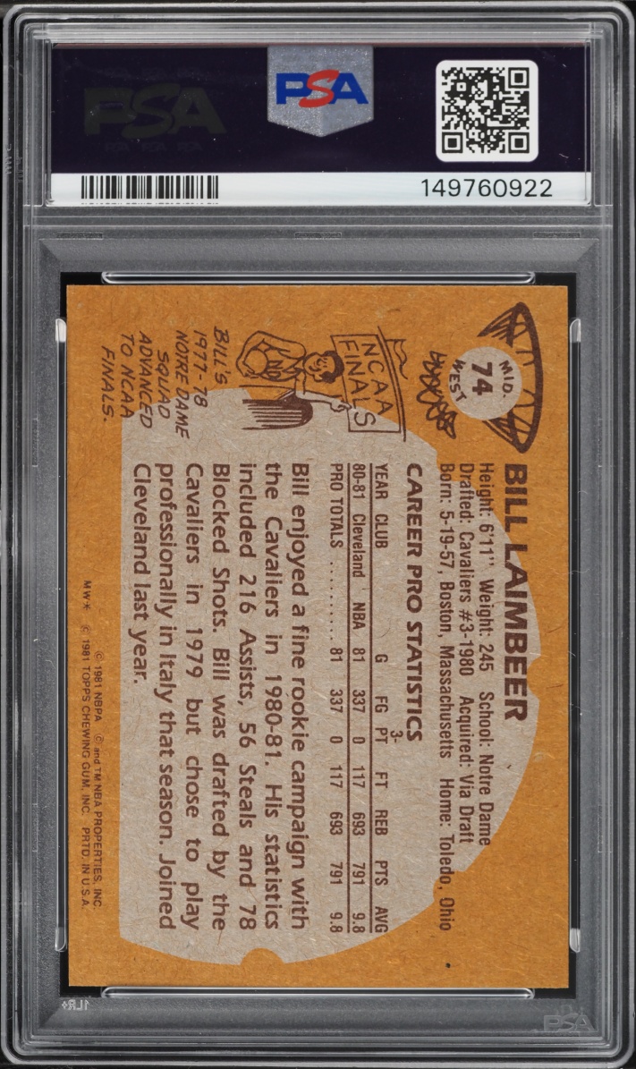 1981 Topps Basketball Bill Laimbeer ROOKIE, MIDWEST #74 PSA 8 NM-MT