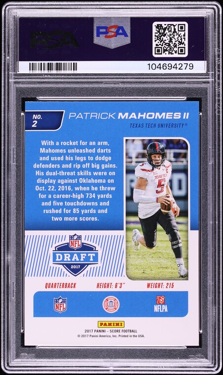 2017 Score NFL Draft Patrick Mahomes II ROOKIE #2 PSA 9 MINT