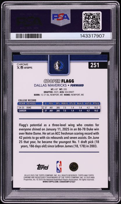 2025 Topps Chrome Red Raywave Cooper Flagg ROOKIE 5/5 #251 PSA 9 MINT