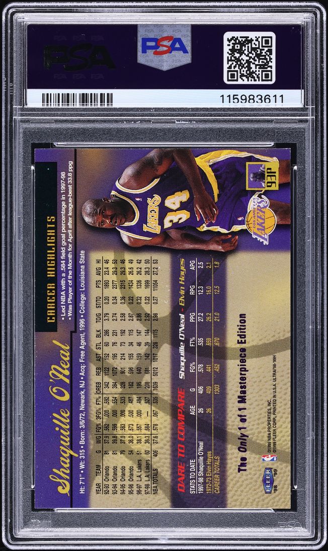 1998 Ultra Masterpieces Shaquille O'Neal 1/1 #93P PSA 8 NM-MT