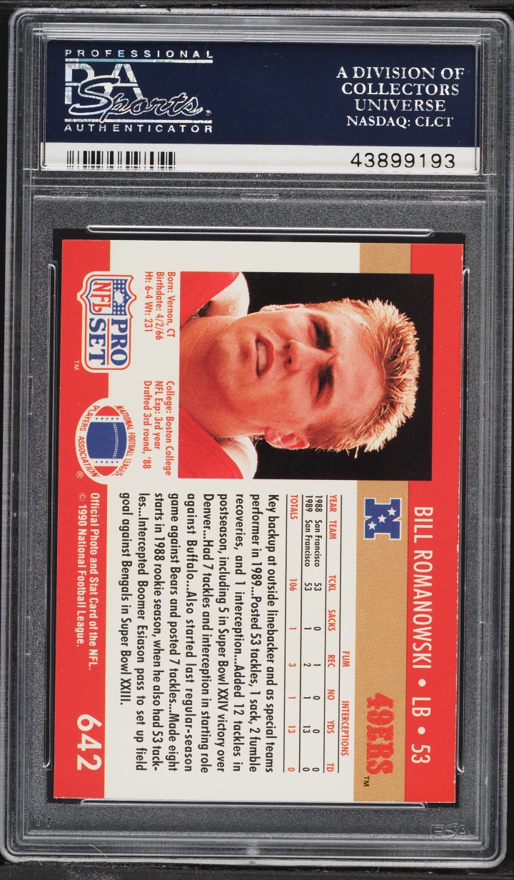 1990 Pro Set Football Bill Romanowski ROOKIE #642 PSA 10 GEM MINT