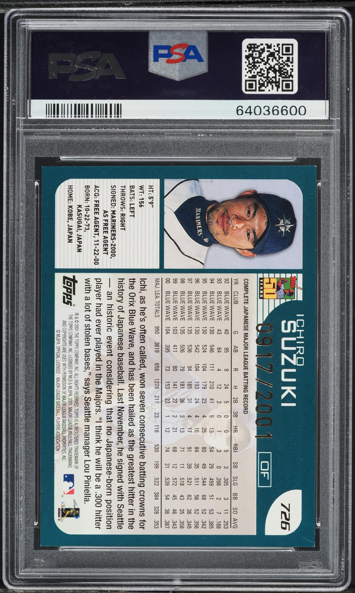 2001 Topps Gold Ichiro Suzuki ROOKIE /2001 #726 PSA 8 NM-MT