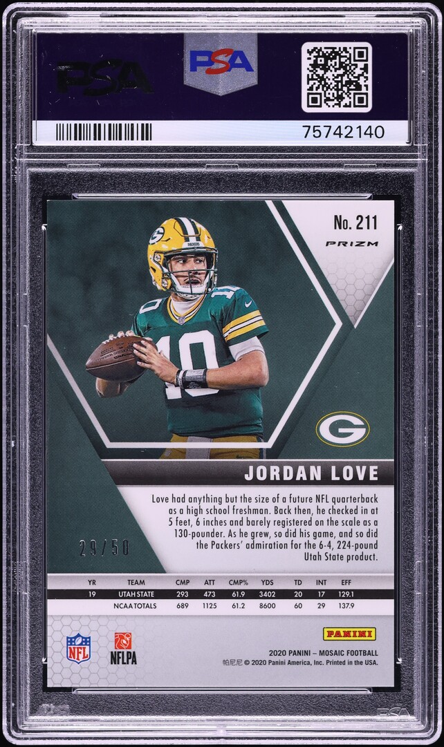 2020 Panini Mosaic No Huddle Purple Jordan Love ROOKIE /50 #211 PSA 10 GEM MINT