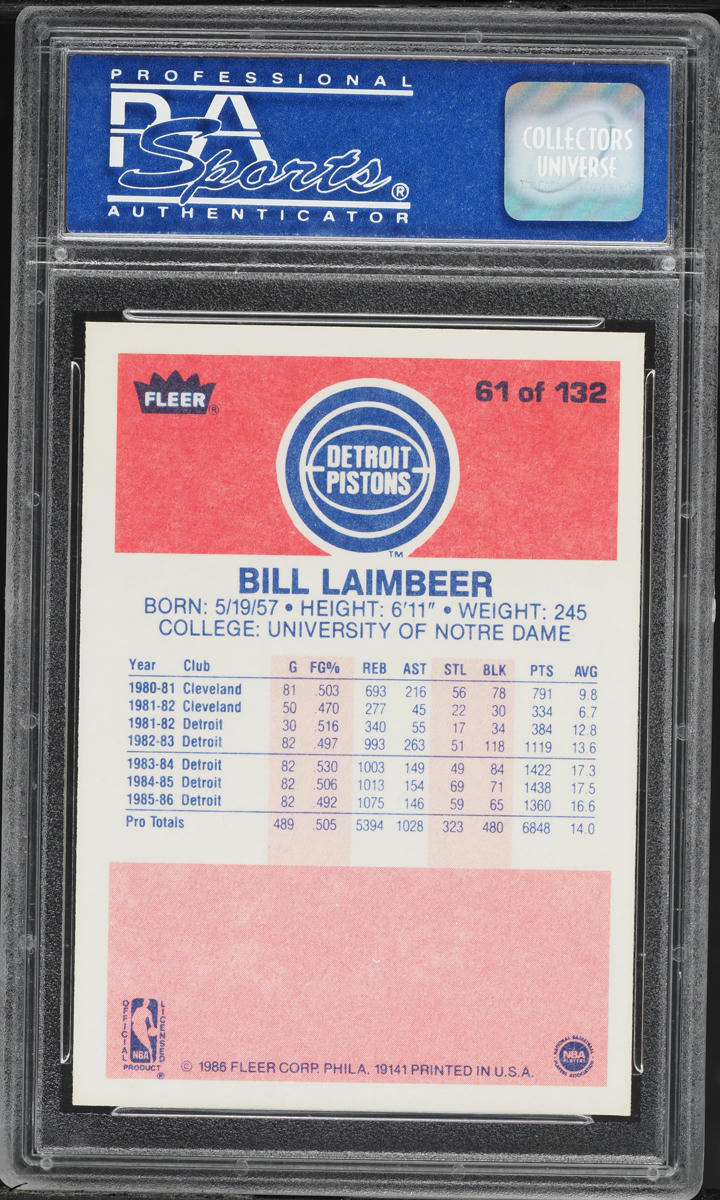 1986 Fleer Basketball Bill Laimbeer #61 PSA 8 NM-MT