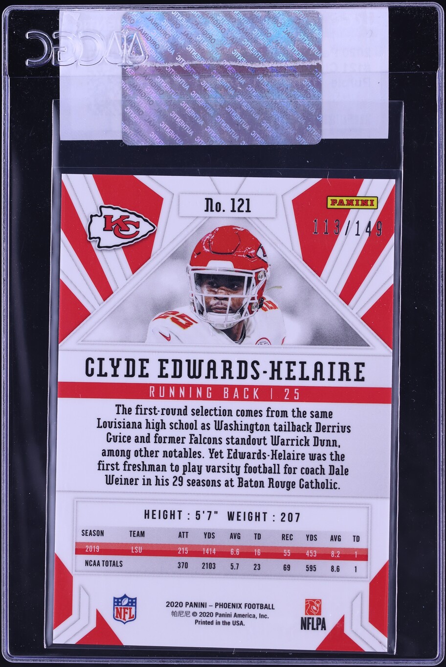 2020 Panini Phoenix Purple Clyde Edwards-Helaire ROOKIE /149 #121 CGC AUTH