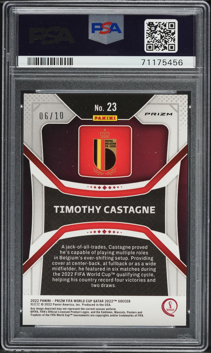 2022 Panini Prizm World Cup Qatar Gold Timothy Castagne /10 #23 PSA 10 GEM MINT