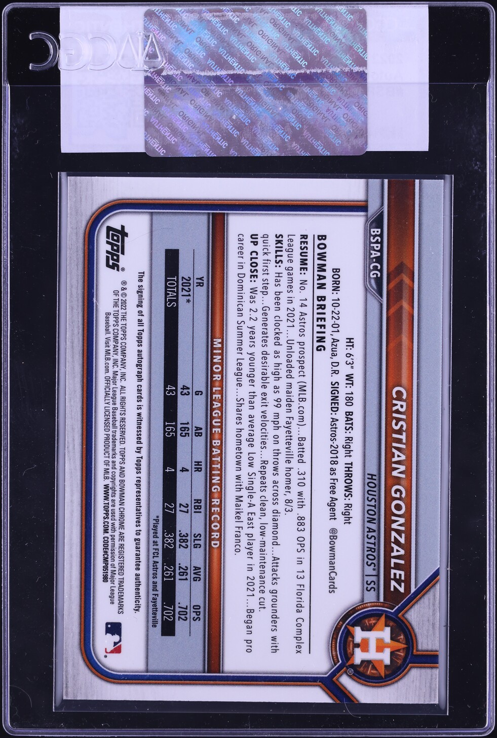 2022 Bowman Chrome Sapphire Cristian Gonzalez PROSPECT AUTO #BSPA-CG CGC AUTH
