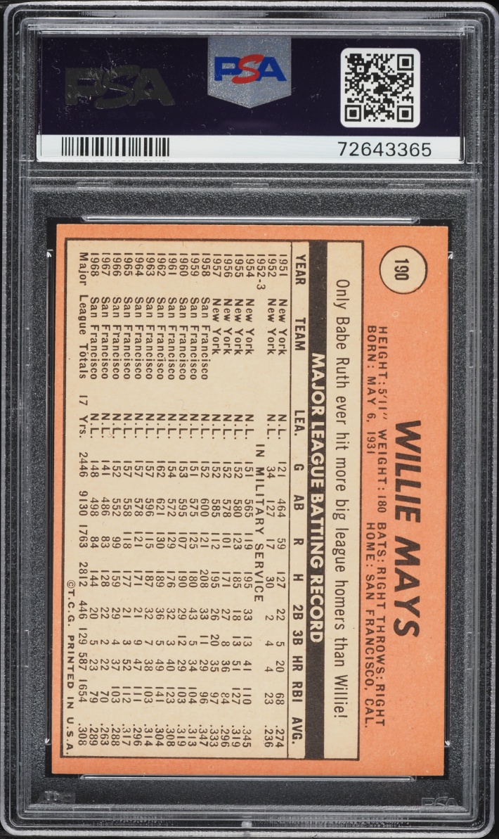 1969 Topps Willie Mays #190 PSA 6 EXMT