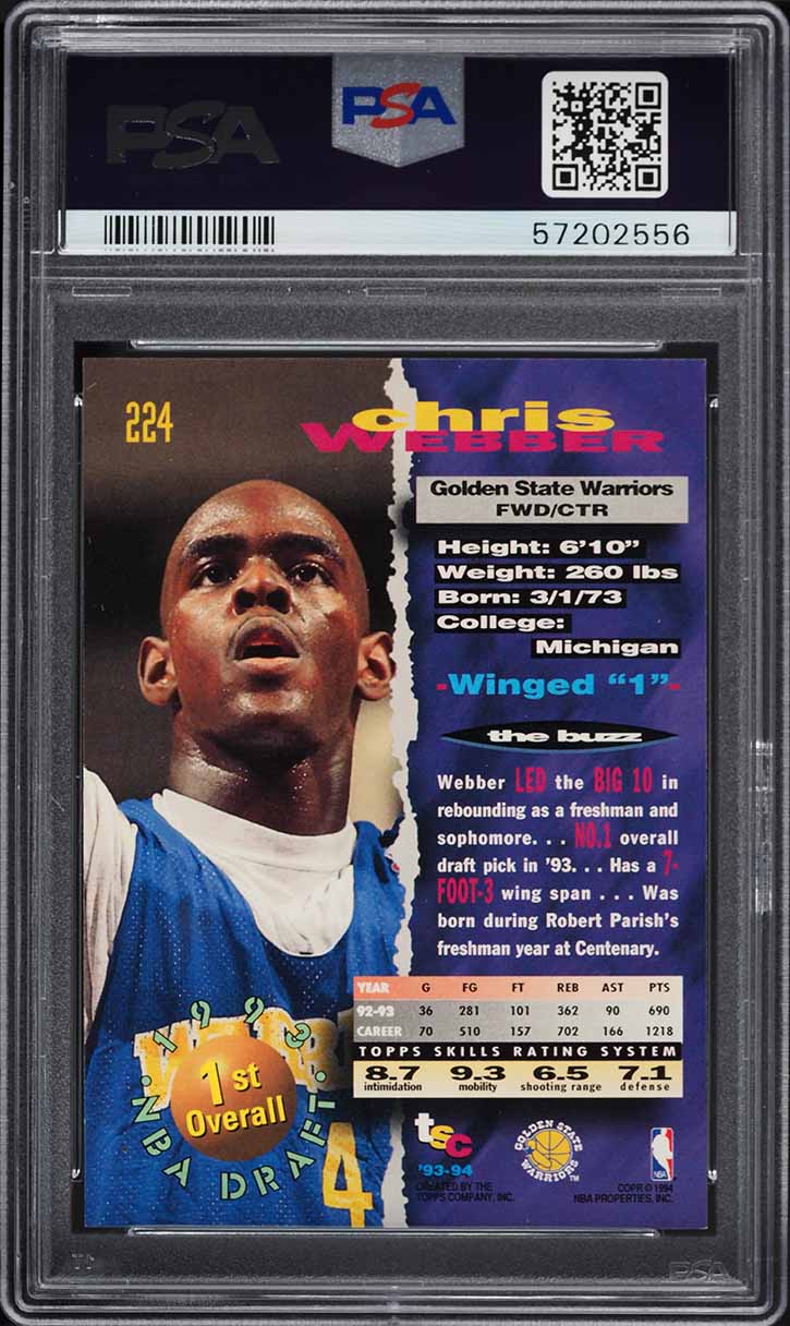 1993 Stadium Club Basketball Chris Webber ROOKIE #224 PSA 9 MINT