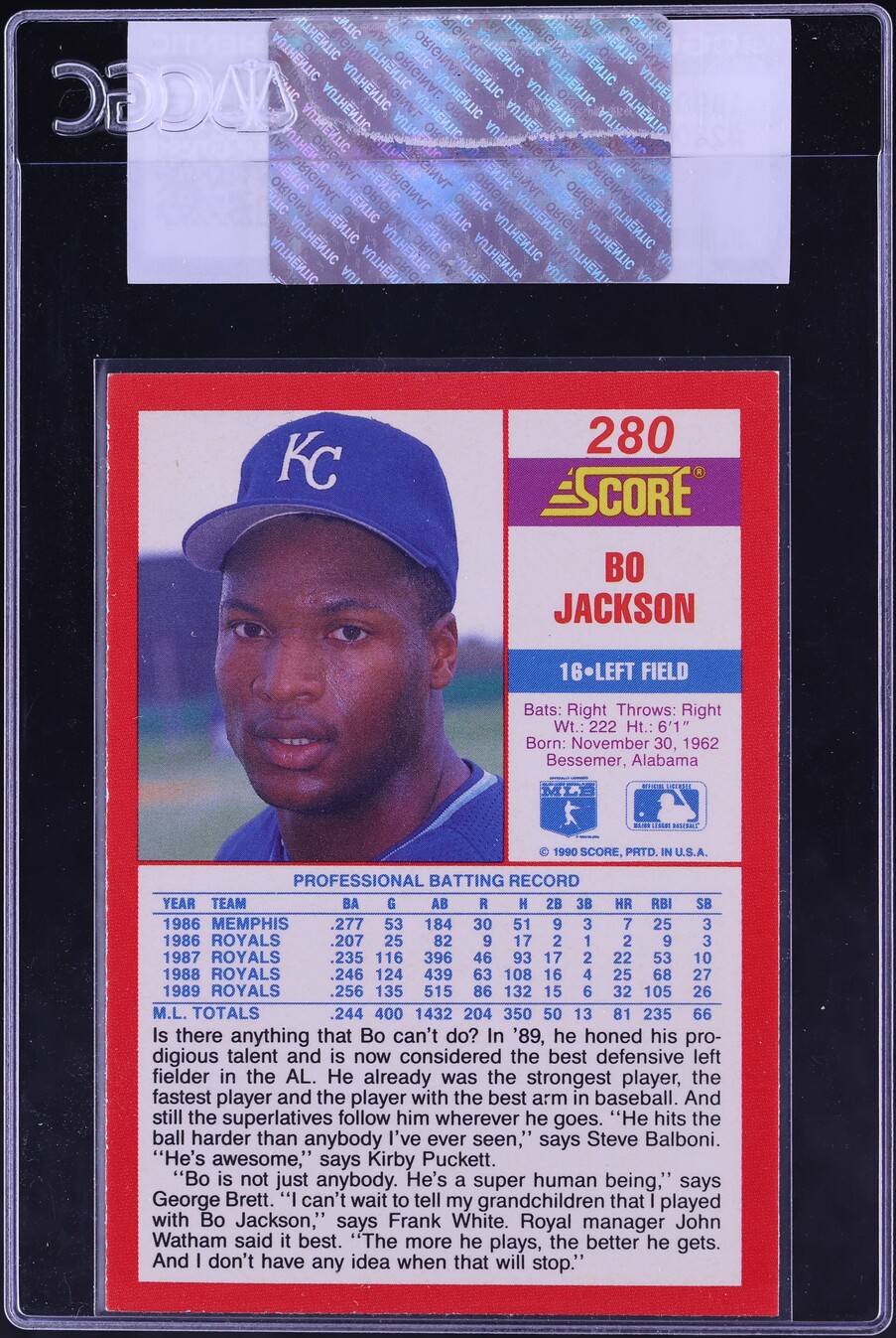1990 Score Bo Jackson #280 CGC AUTH