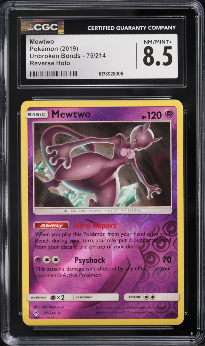 2019 Pokemon Sun & Moon Unbroken Bonds Reverse Holo Mewtwo #75 CGC 8.5 NM-MT+
