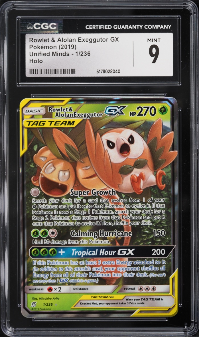 2019 Pokemon Sun & Moon Unified Minds Holo Rowlet & Alolan Exeggutor GX #1 CGC 9 MINT