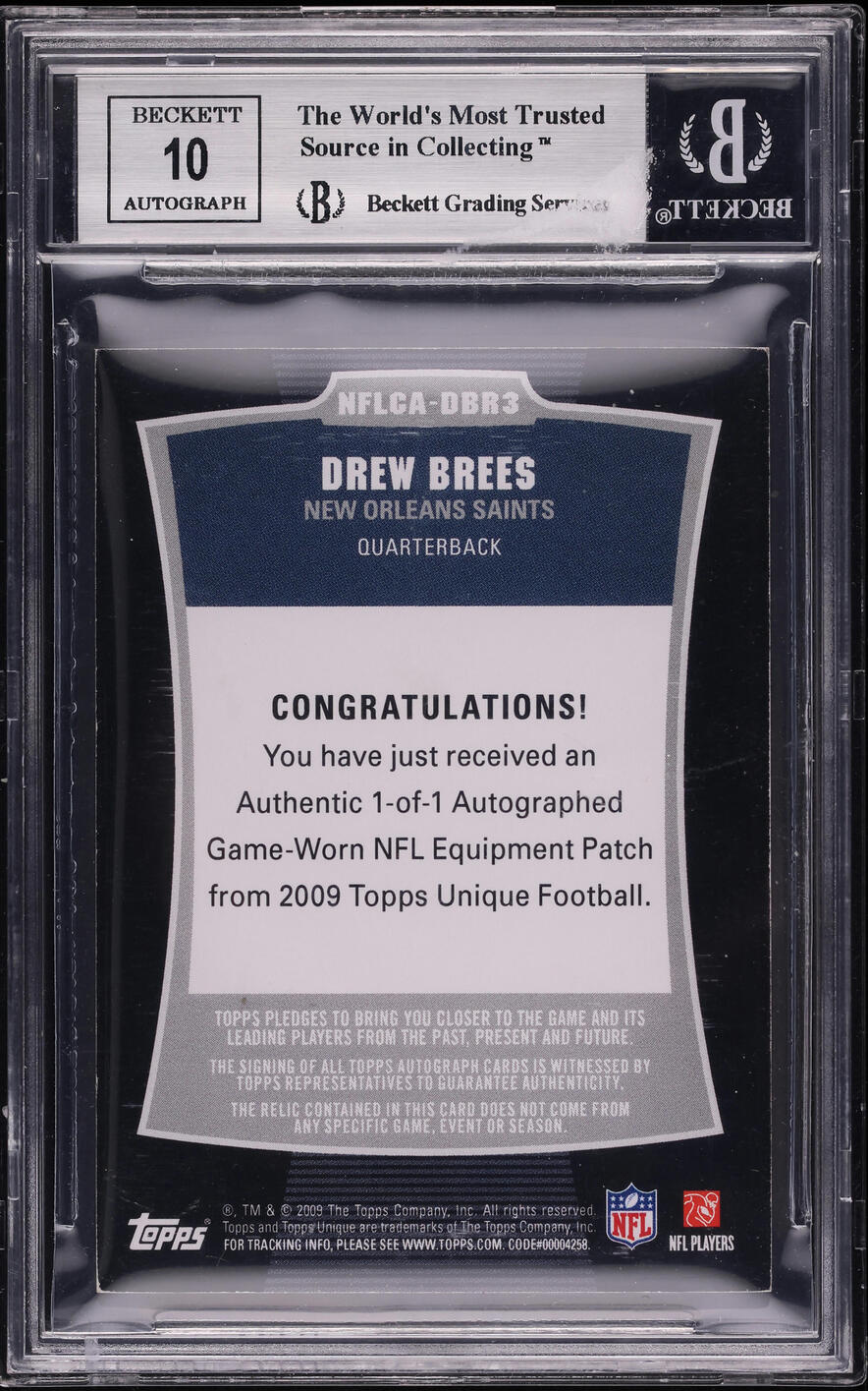 2009 Topps Unique NFL Crest Drew Brees PATCH AUTO 1/1 #DBR3 BGS 8.5 NM-MT+ - Photo 2