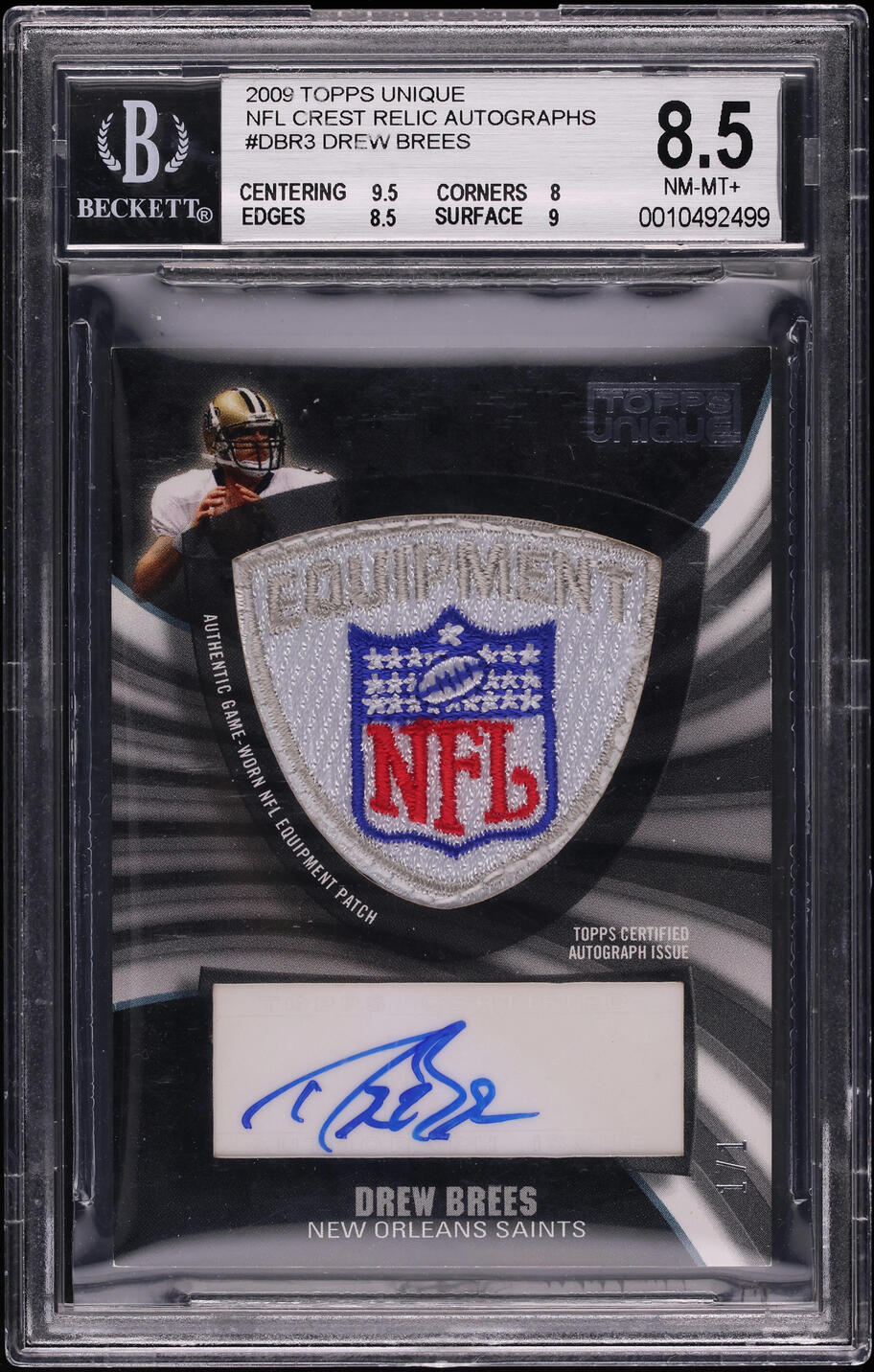 2009 Topps Unique NFL Crest Drew Brees PATCH AUTO 1/1 #DBR3 BGS 8.5 NM-MT+ - Photo 1