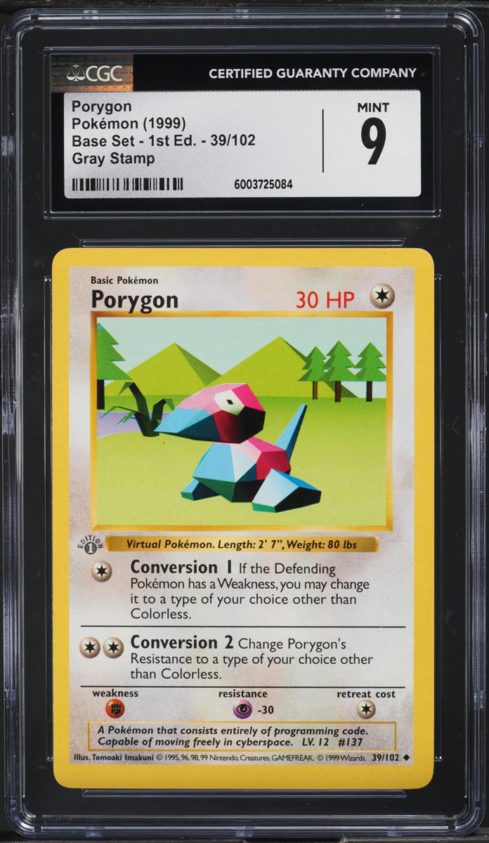 1999 Pokemon Base Set Shadowless 1st Edition Gray Stamp Porygon #39 CGC 9 MINT