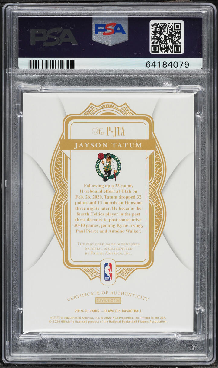 2019 Panini Flawless Gold Jayson Tatum PATCH /10 #P-JTA PSA 8 NM-MT