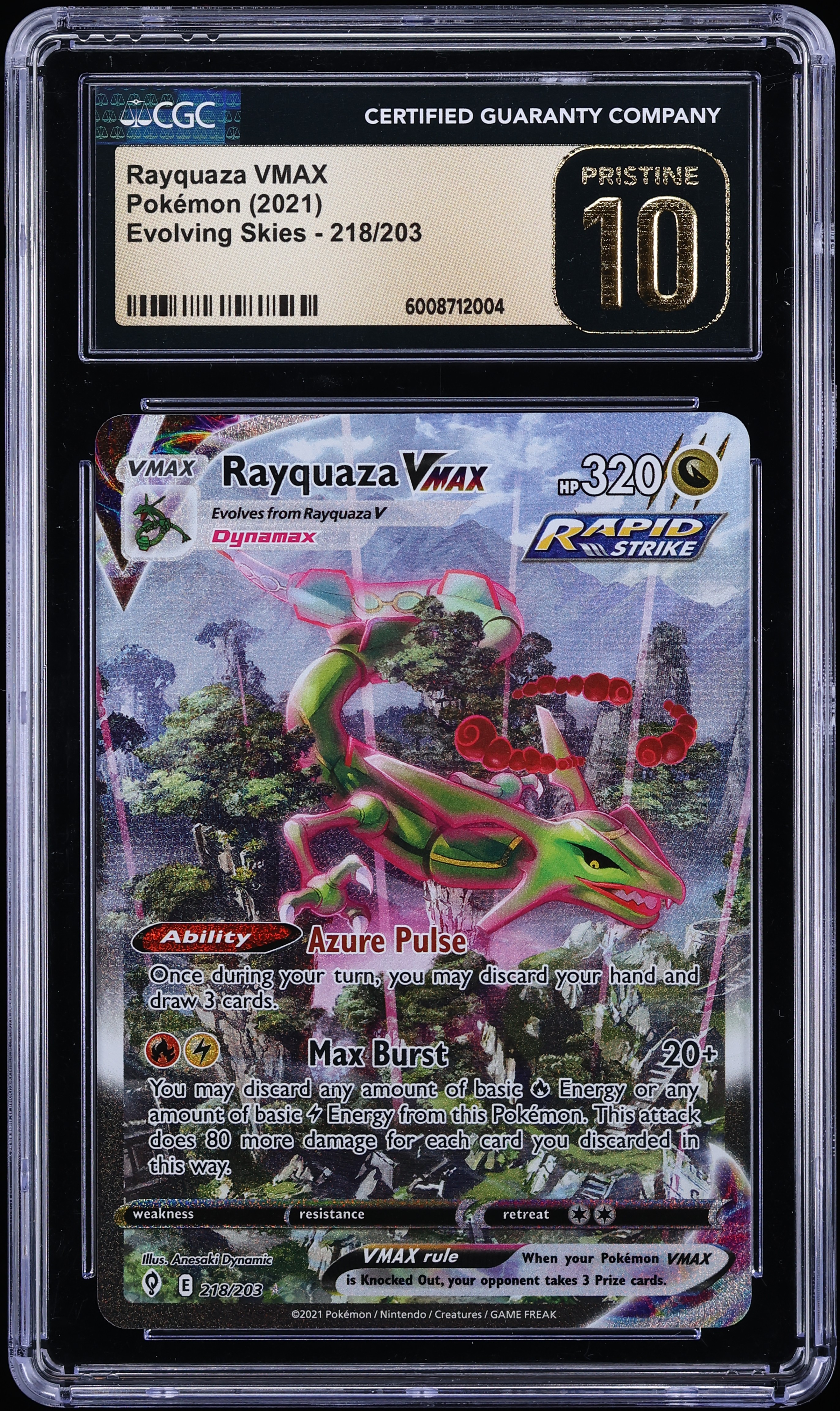 2021 Pokemon Sword & Shield Evolving Skies Full Art Rayquaza VMAX #218 CGC 10 PRISTINE