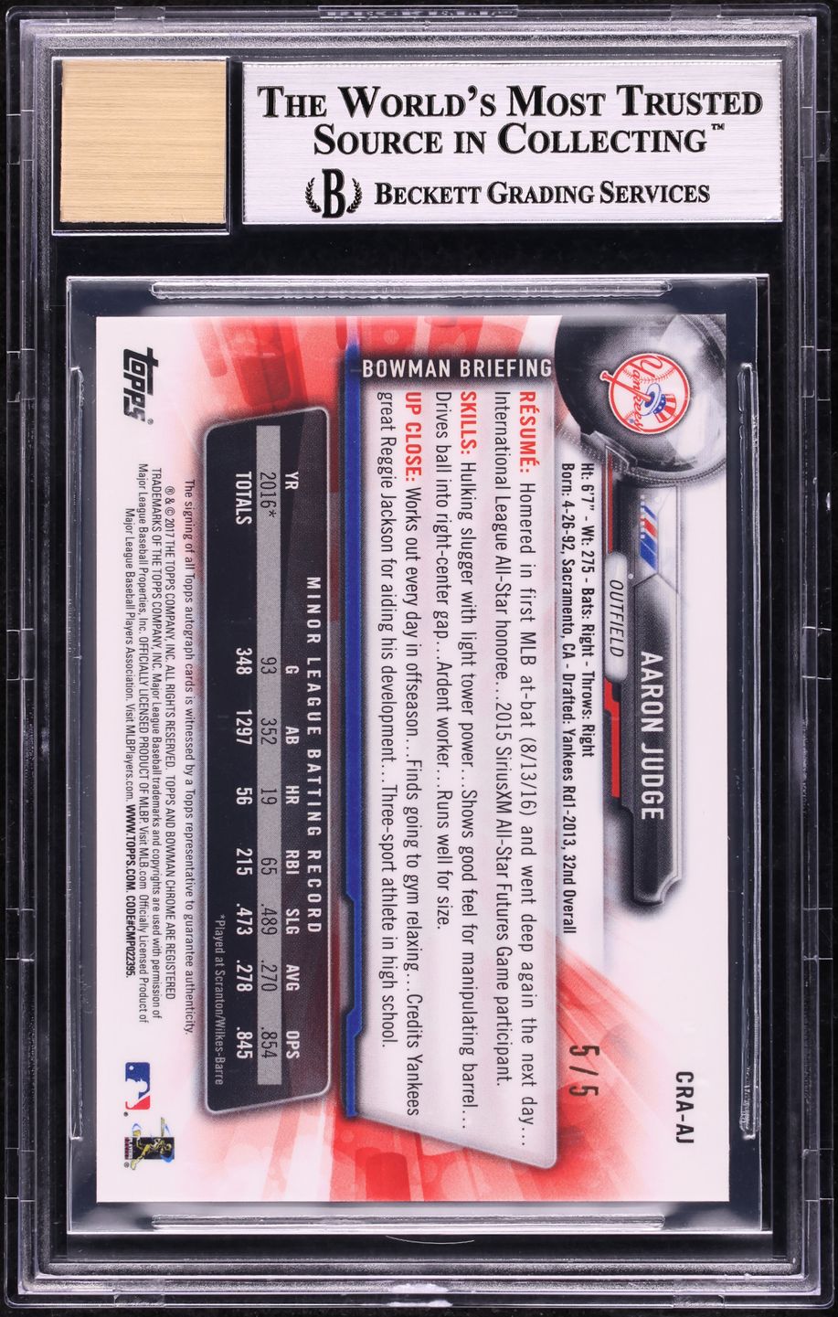 2017 Bowman Chrome Red Refractor Aaron Judge ROOKIE AUTO 5/5 #CRA-AJ BGS 9 MINT