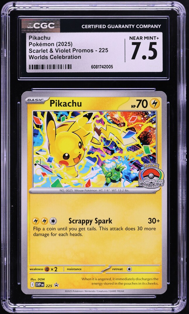 2025 Pokemon SV Promo Worlds Celebration Pikachu #225 CGC 7.5 NRMT+