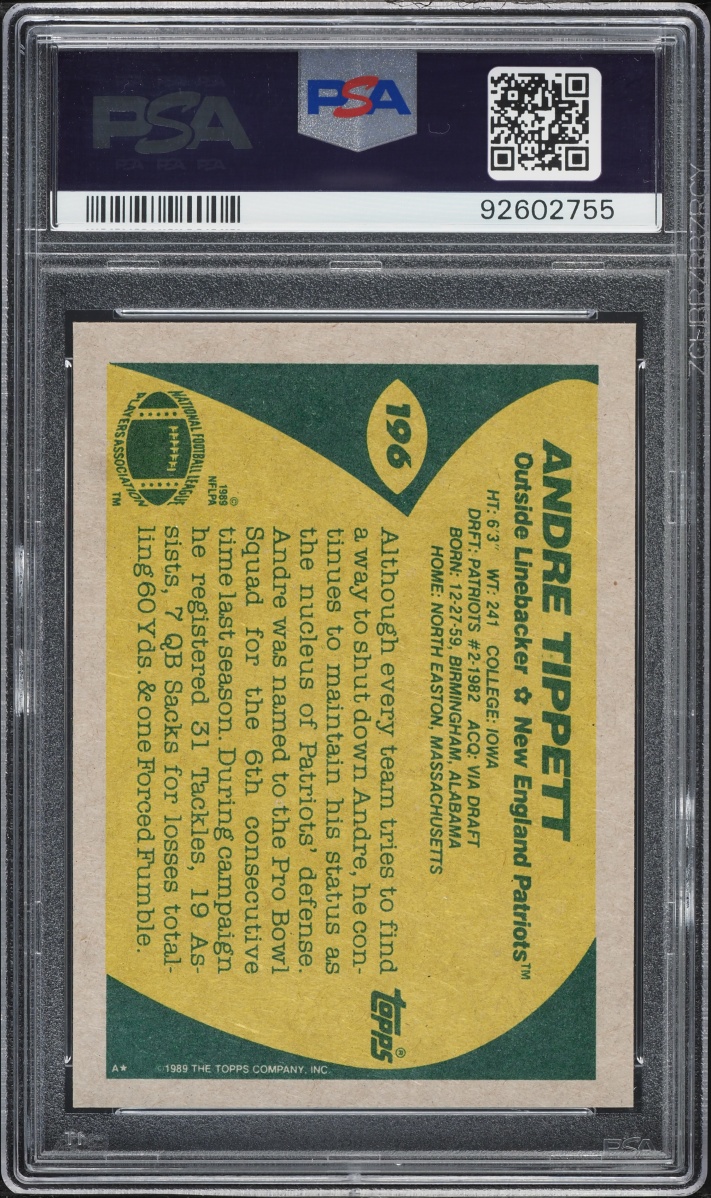1989 Topps Football Andre Tippett #196 PSA 10 GEM MINT