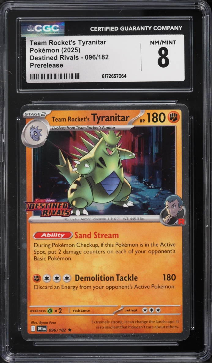 2025 Pokemon SV Destined Rivals Prerelease Team Rocket's Tyranitar #96 CGC 8 NM-MT