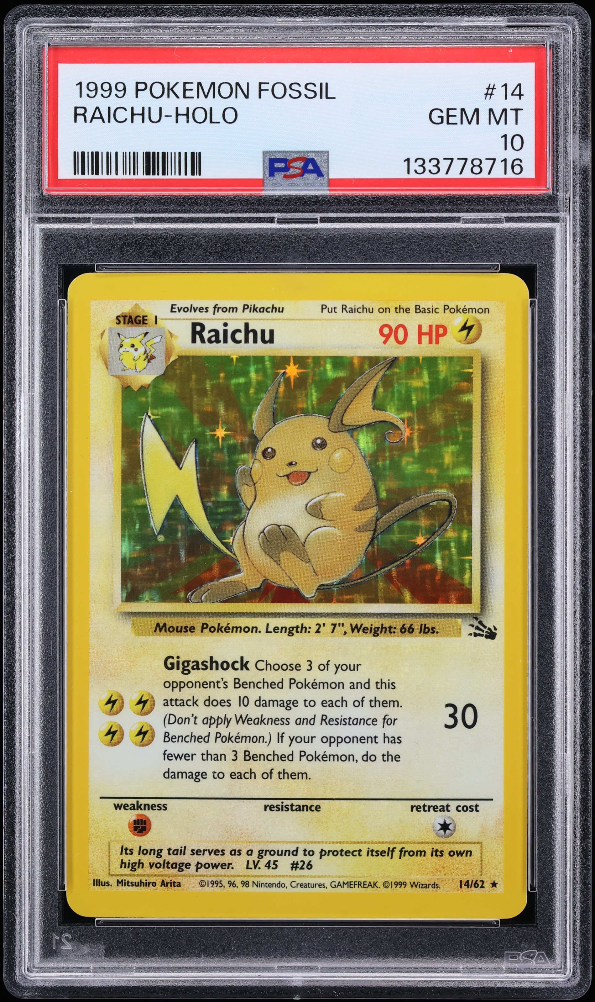 1999 Pokemon Fossil Holo Raichu #14 PSA 10 GEM MINT