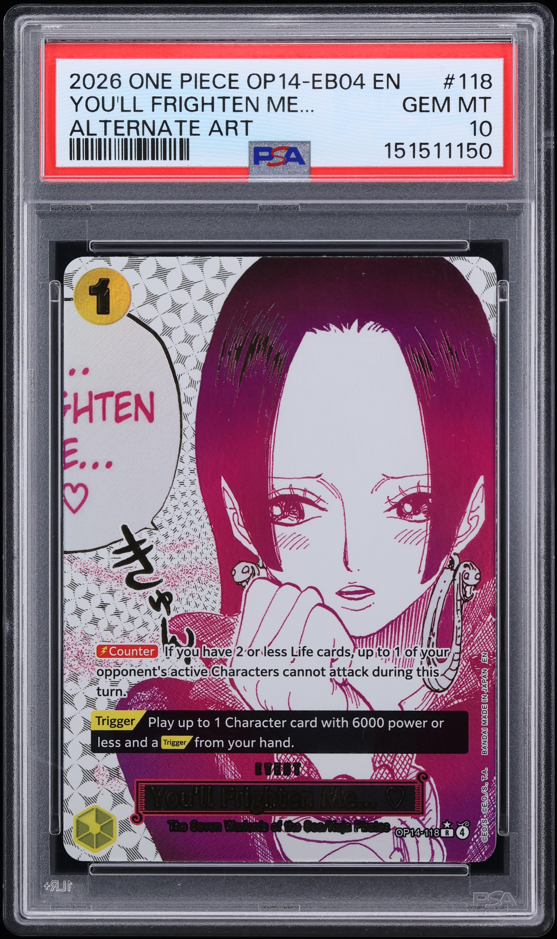 2026 One Piece The Azure Sea's Seven Manga Alt Art You'll Frighten Me... #OP14-118 PSA 10 GEM