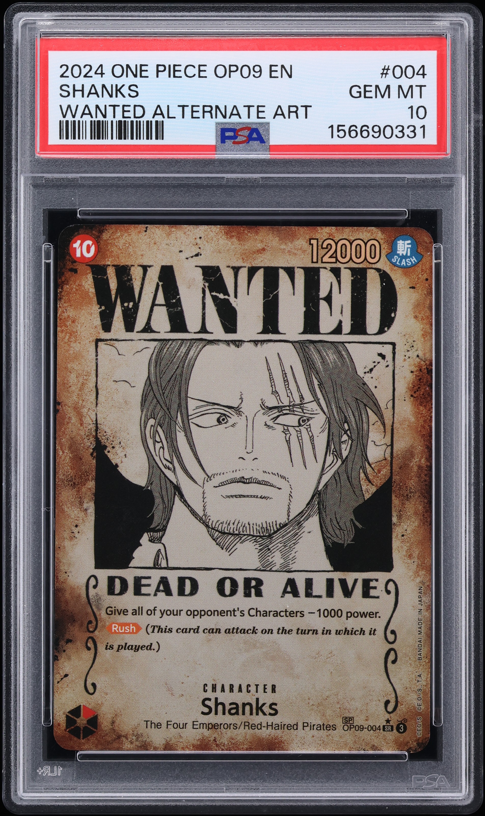 2024 One Piece Emperors In The New World Wanted Special Alt Art Shanks #OP09-004 PSA 10 GEM
