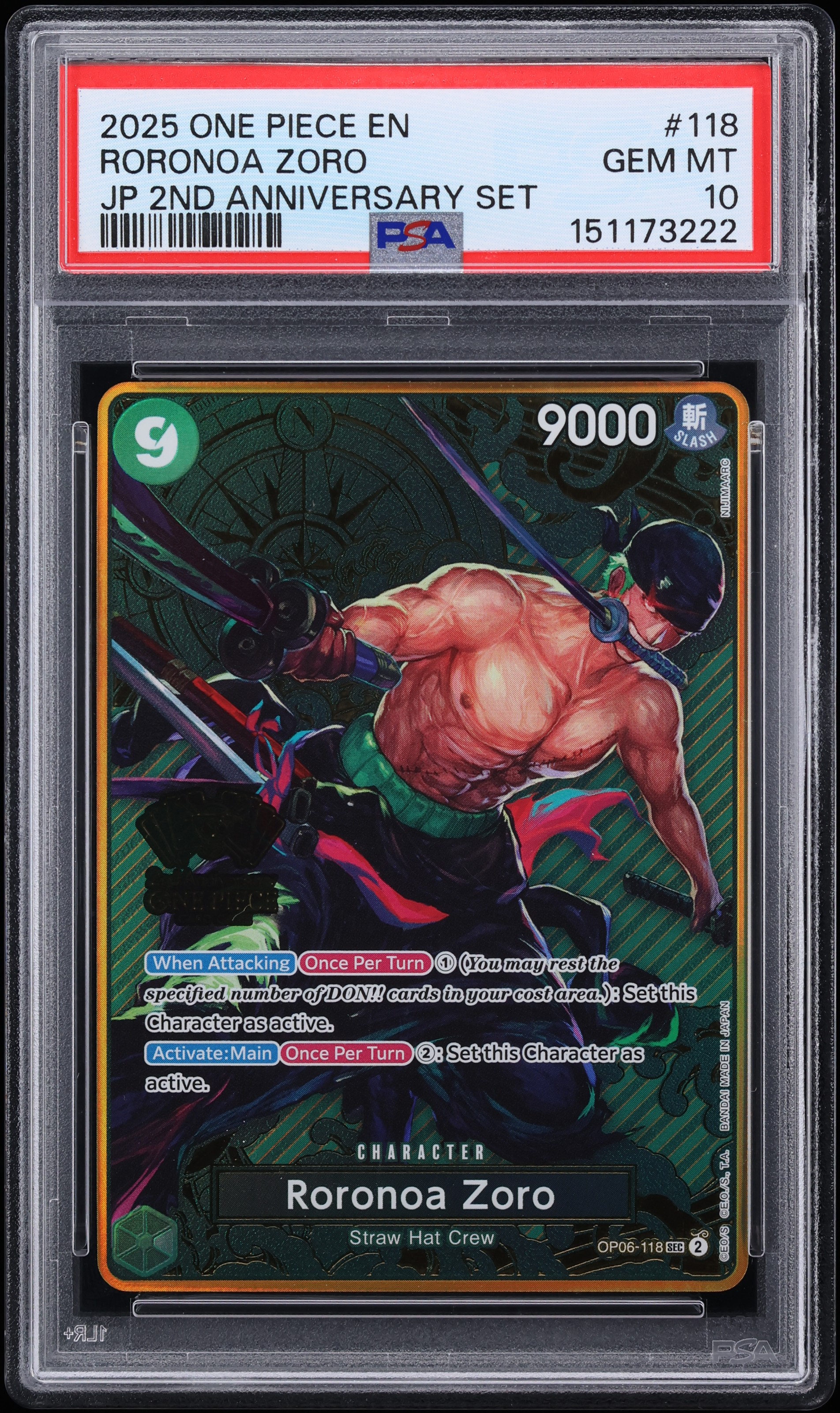 2025 One Piece 2nd Anniversary Set SEC Alt Art Roronoa Zoro #OP06-118 PSA 10 GEM MINT
