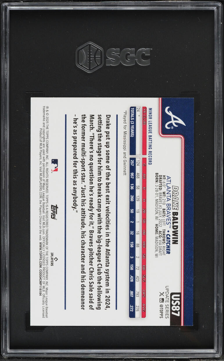 2025 Topps Update Drake Baldwin ROOKIE #US87 SGC 10 GEM MINT