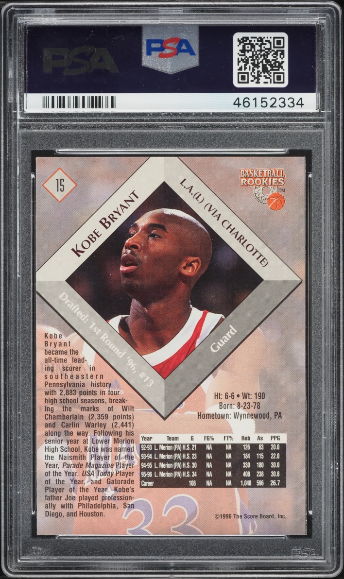 1996 Score Board Kobe Bryant ROOKIE #15 PSA 8 NM-MT