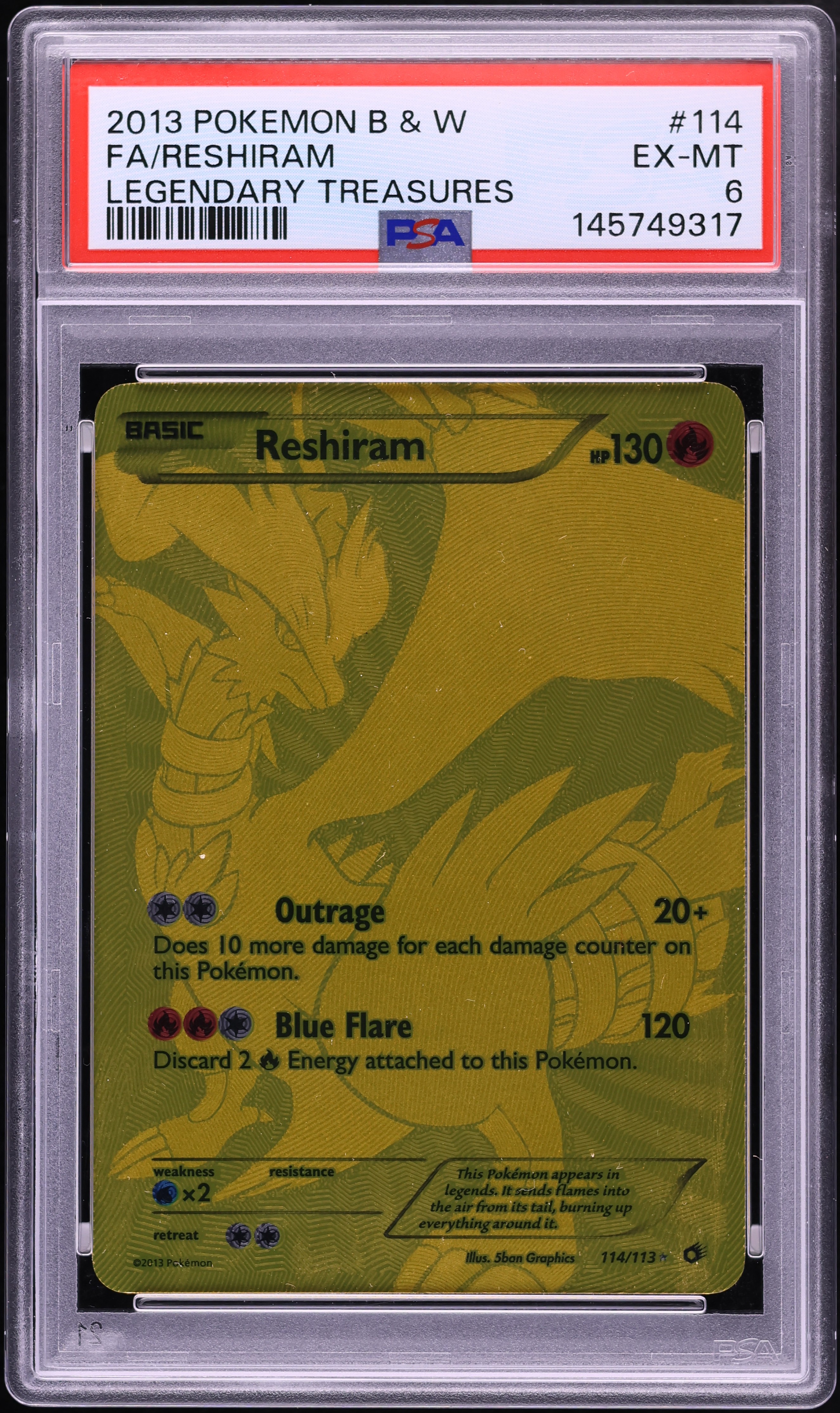 2013 Pokemon Black & White Legendary Treasures Full Art Reshiram #114 PSA 6 EXMT
