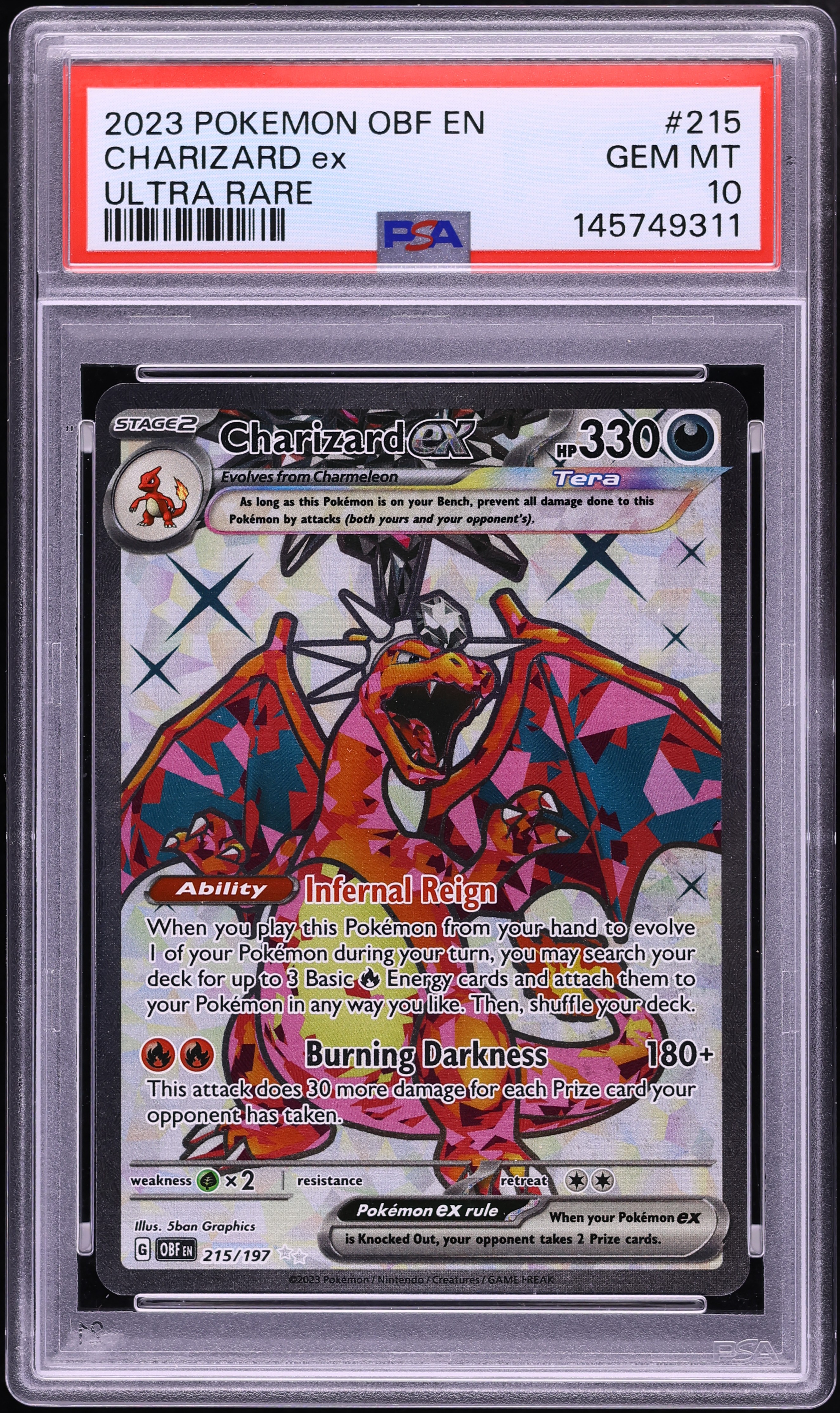 2023 Pokemon Scarlet & Violet Obsidian Flames Full Art Charizard ex #215 PSA 10 GEM MINT