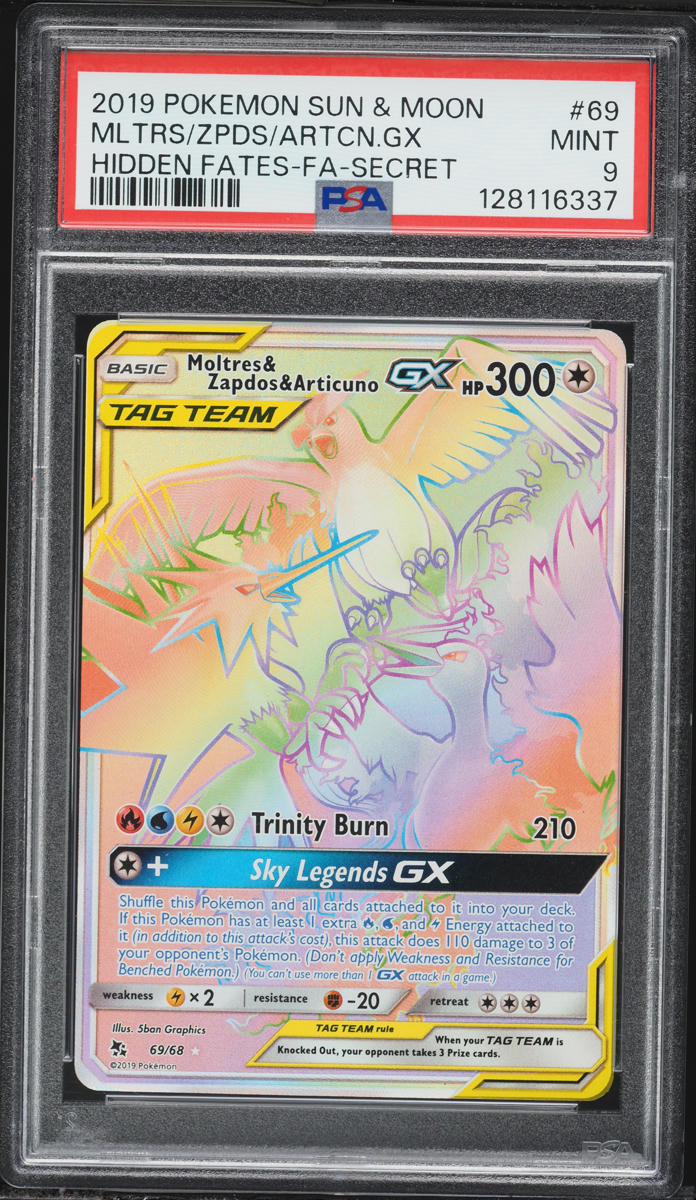 2019 Pokemon Sun & Moon Hidden Fates Rainbow Rare Moltres & Zapdos & Articuno GX #69 PSA 9 MINT
