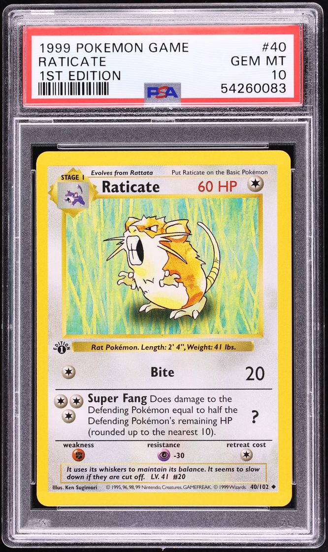 1999 Pokemon Base Set Shadowless 1st Edition Raticate #40 PSA 10 GEM MINT